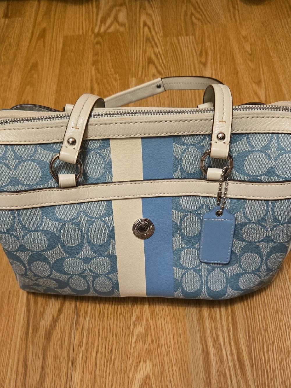 Coach Light Blue Signature Stripe Shoulder Bag with Cream Trim